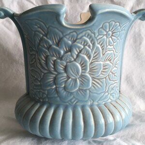 Vintage Red Wing #1183 Vase in Robin Egg Blue with Pale Brown Floral Design
